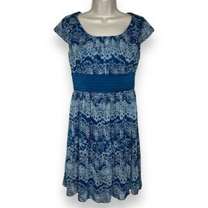 Gianni Bini Teal Satin Cummerbund Chiffon Lace Print Dress Back Zipper Women 2